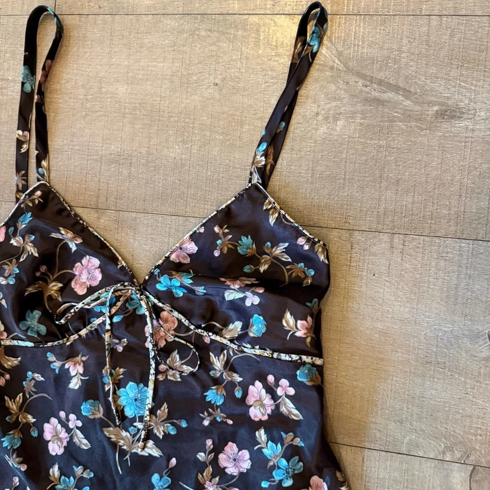 VTG Adonna chocolate Brown Floral satin slip Dress tie front back size large Y2K